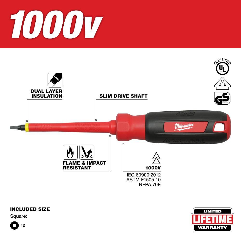 Milwaukee #2 Square - 4 in. 1000 V Insulated Screwdriver 48-22-2252 from Milwaukee