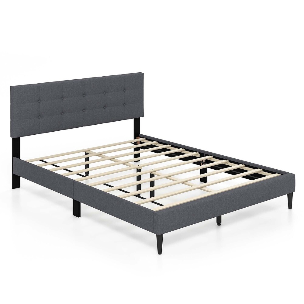 Queen Upholstered Platform Bed Mattress Foundation Headboard Blue/Grey