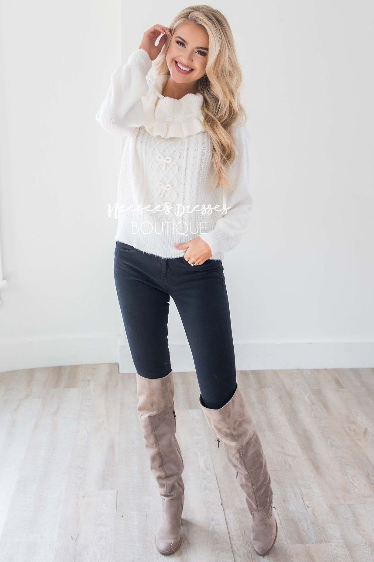 Ivory Knit Sweater with Cute Bow Details