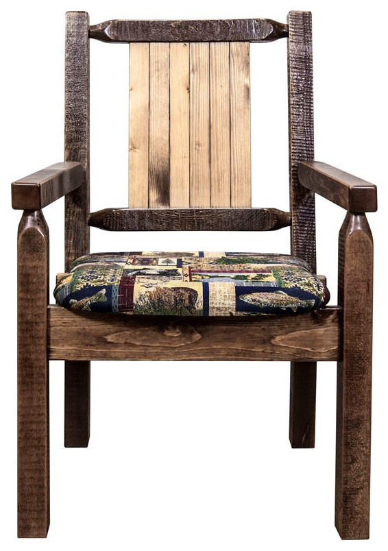 Montana Woodworks Homestead Wood Captain  x27s Chair with Engraved Wolf in Brown   Rustic   Dining Chairs   by Homesquare  Houzz