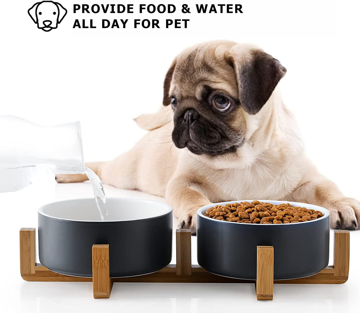 Y YHY Raised Dog Bowls Set of 2, Ceramic Dog Bowl Small Size Dog, 24oz Cat Bowls for Food and Water, Pet Bowls with Wood Stand for Small/Medium/Large Dogs or Cats, Dishwasher Safe