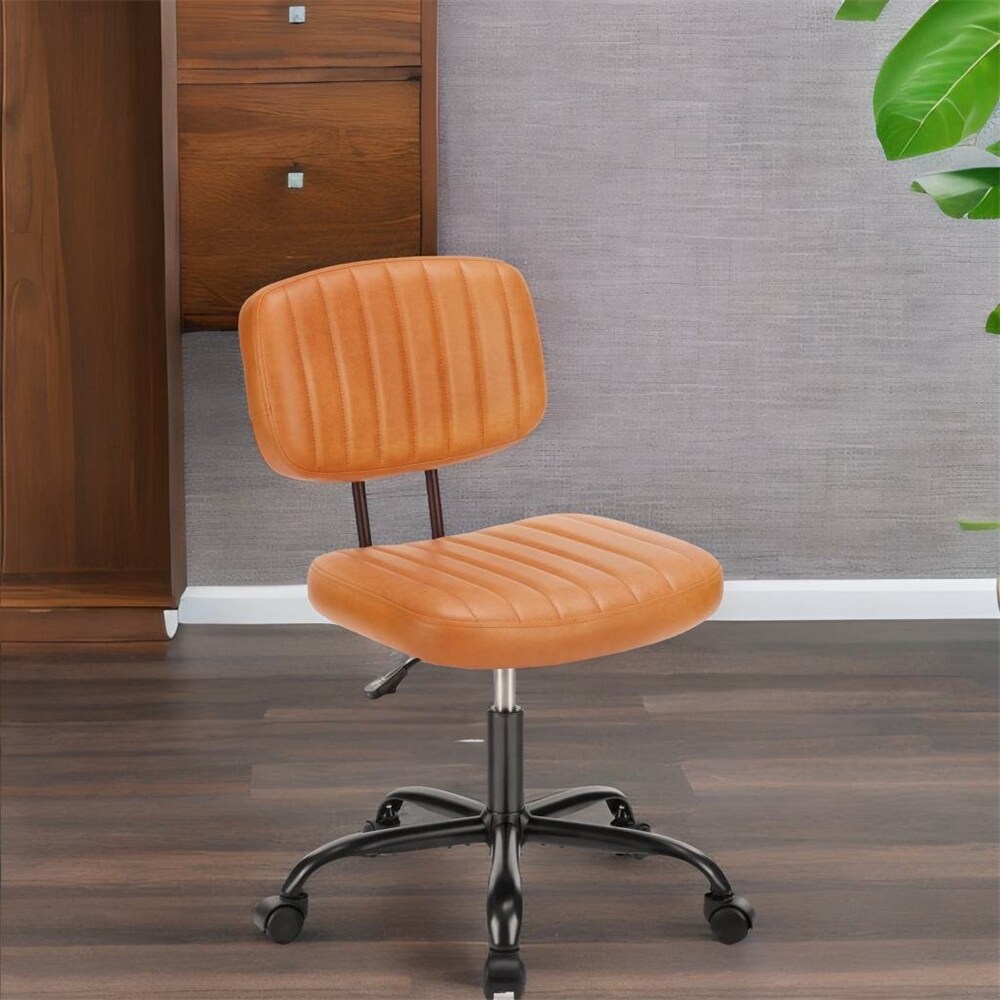 Height Adjustable Leather Low Back Home Office Chair with Wheels   N/A