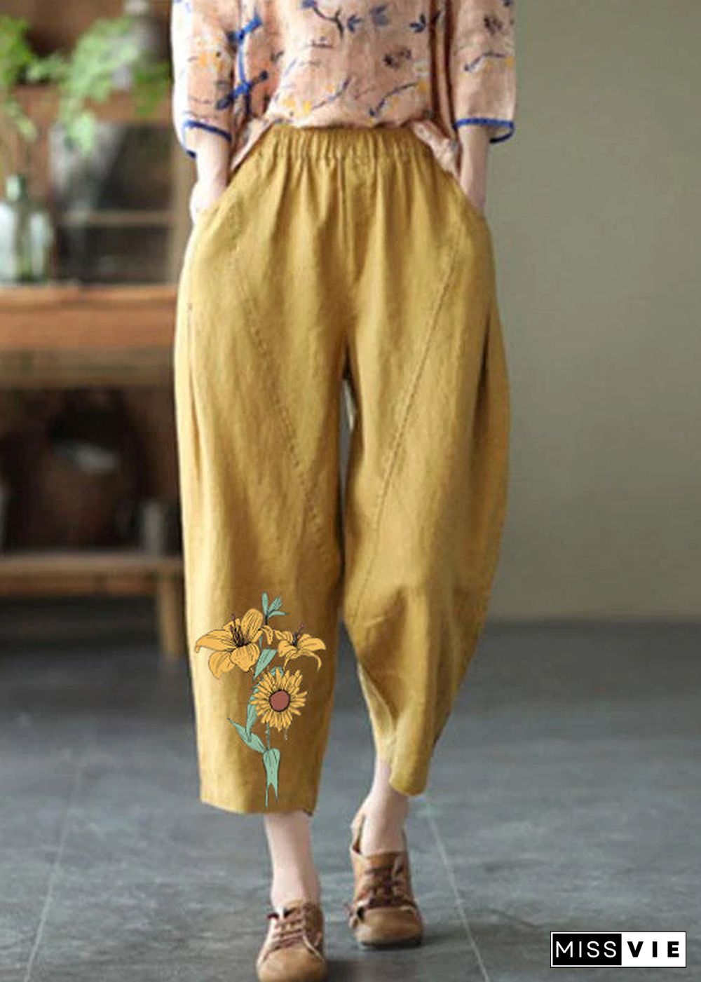 Natural yellow-half pattern Elastic Waist Summer Linen Harem Pants