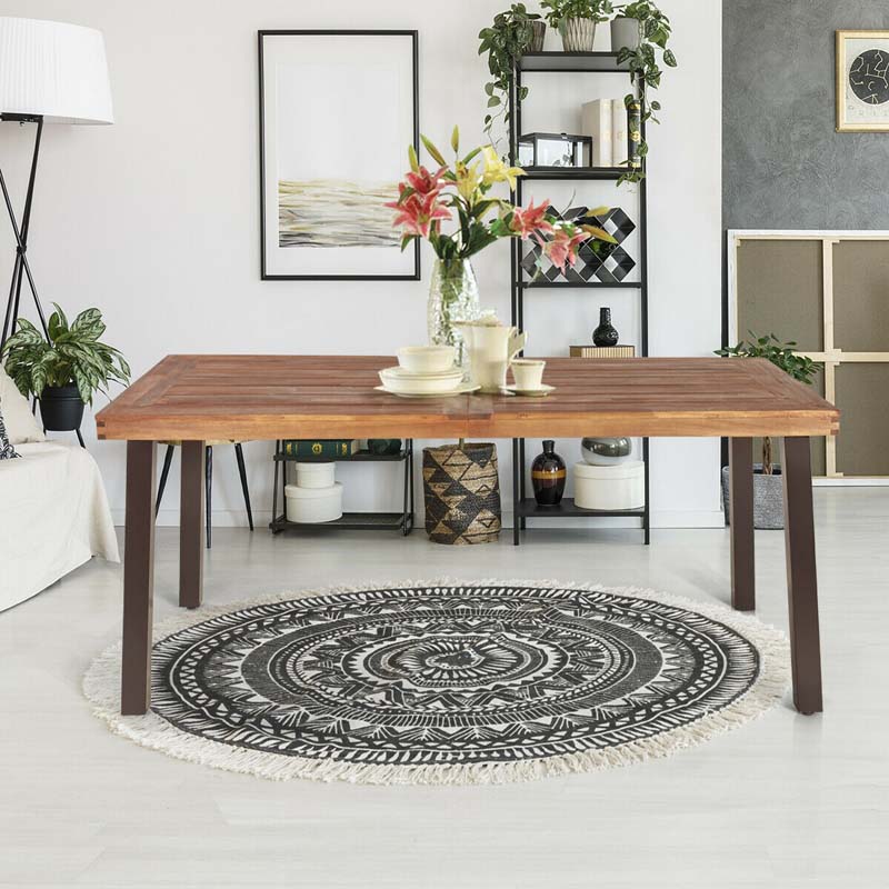 Rustic Brown Acacia Wood Patio Dining Table with Umbrella Hole, Rectangular Outdoor Picnic Table with Metal Legs