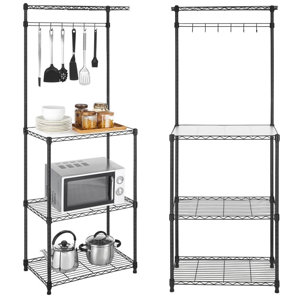 Kitchen Bakers Rack  Adjustable Microwave Stand  Space Saving Storage Rack with 4 Shelves 6 Hooks   23.6” x 13.8” x 63\