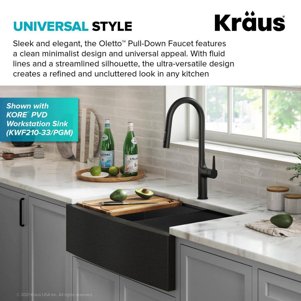 KRAUS Oletto Single Handle Pull Down Sprayer Kitchen Faucet in Matte Black KPF-3101MB