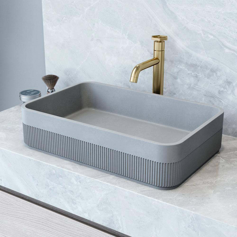 VIGO Cypress Modern Gray Concreto Stone 21 in. L x 14 in. W x 5 in. H Rectangular Fluted Bathroom Vessel Sink VG04075