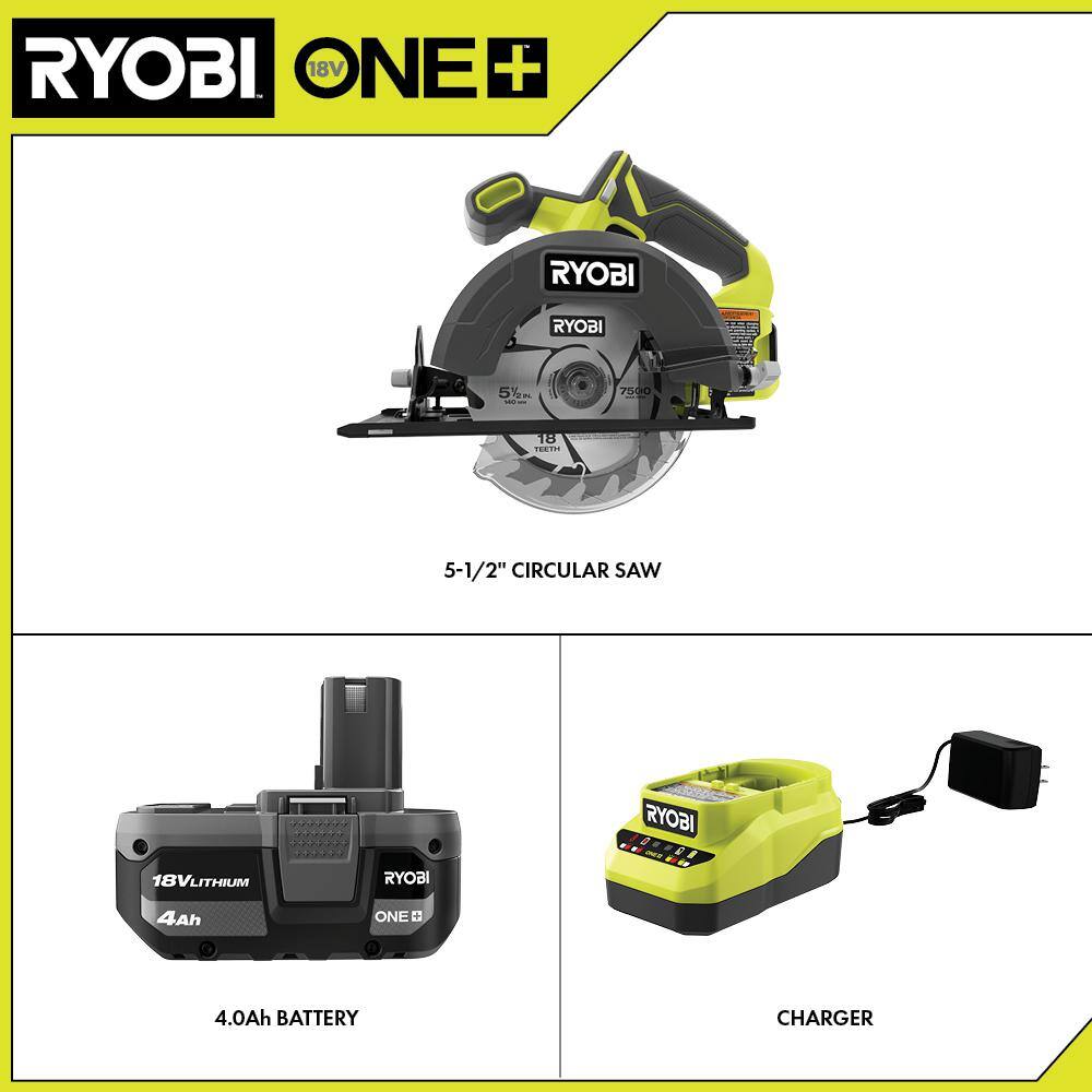 RYOBI ONE+ 18V Cordless 5-12 in. Circular Saw Kit with 4.0 Ah Battery and Charger PCL500K1