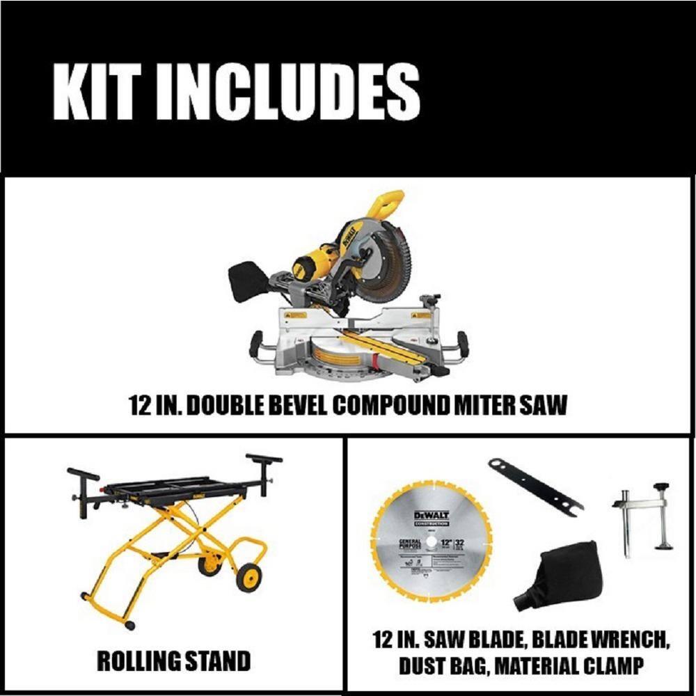 DW 15 Amp Corded 12 in. Double Bevel Sliding Compound Miter Saw and 32-12 in. x 60 in. Rolling Miter Saw Stand DWS779WDWX726