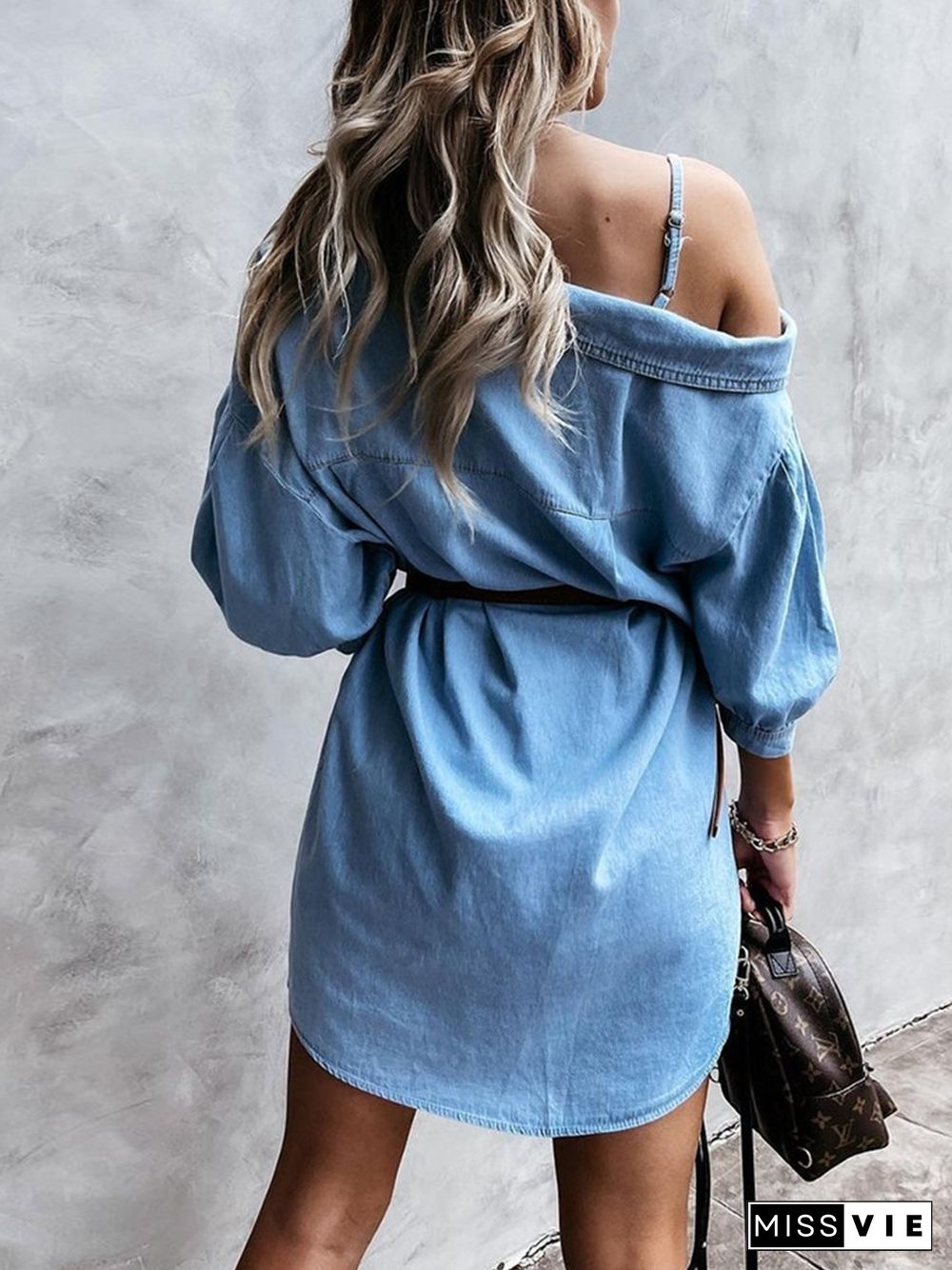 Fulfilled Wishes Cold Shoulder Denim Shirt Dress P12084