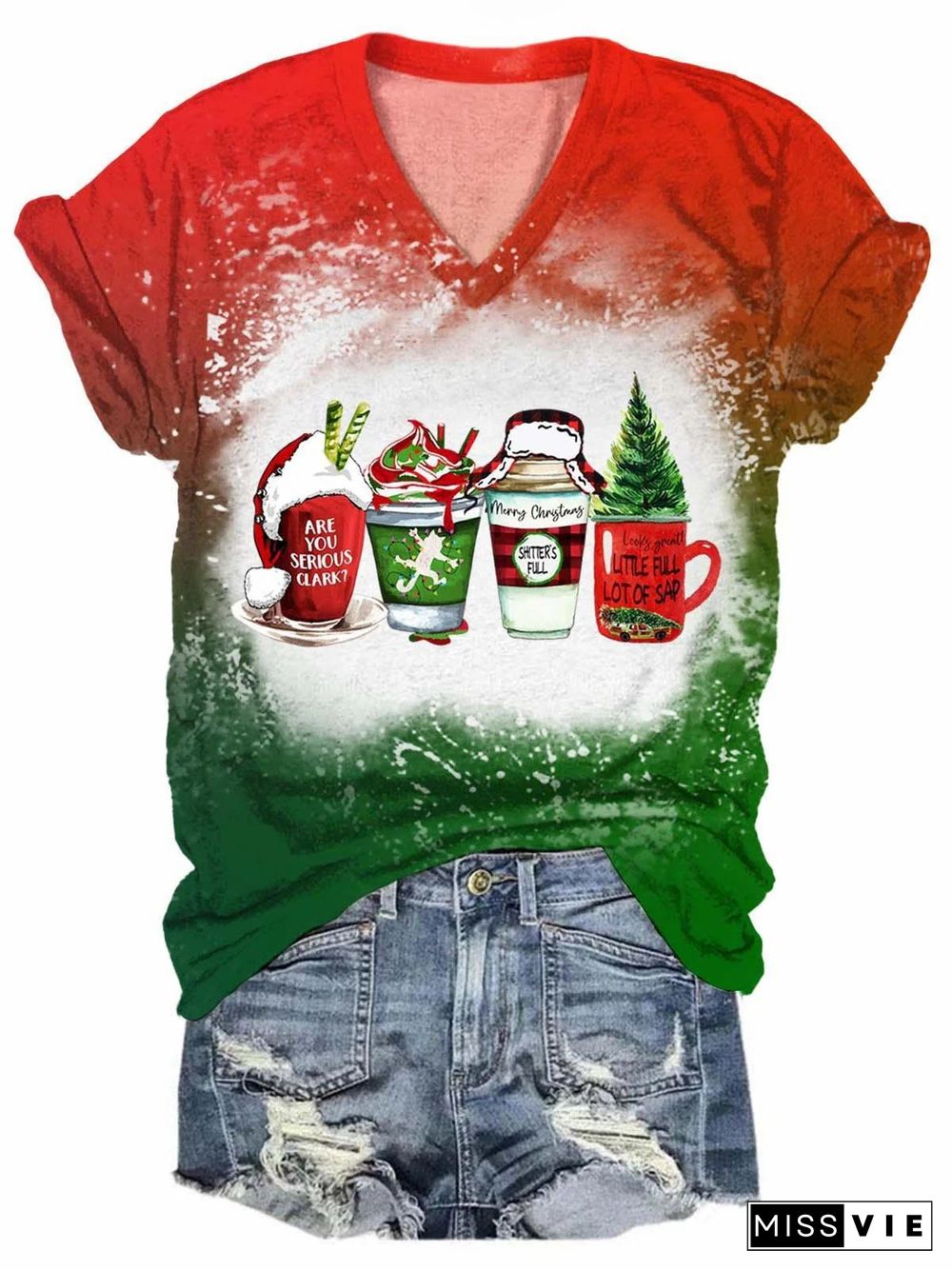 Women's Christmas Coffee Cup Tie Dye Print T-Shirt