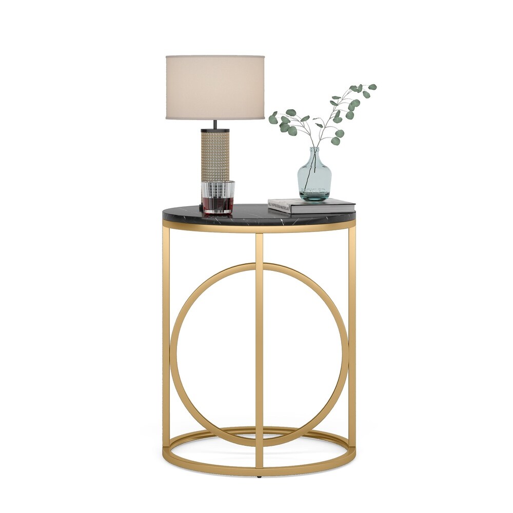 20 in. Marble Black Round Wood End Table with Gold O shaped Base