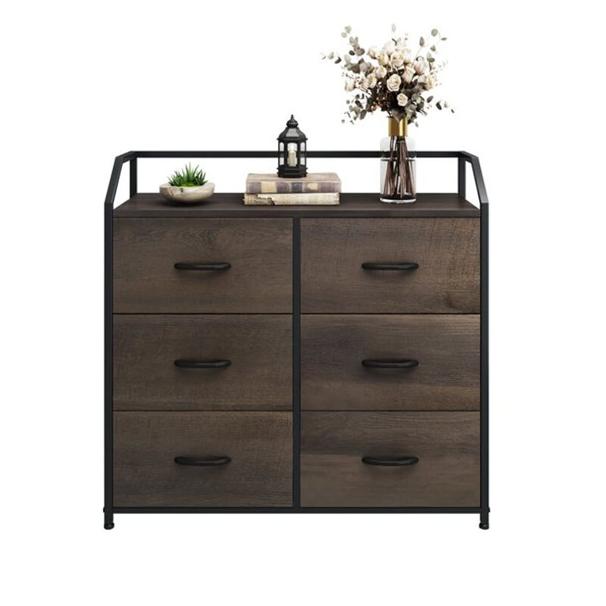 Homfa Fabric Dresser with 6 Drawers Wide Chest of Drawers with Wood Top Sturdy Metal Frame Furniture Storage Tower for Bedroom, Closets, Hallway, Entryway, Dark Brown