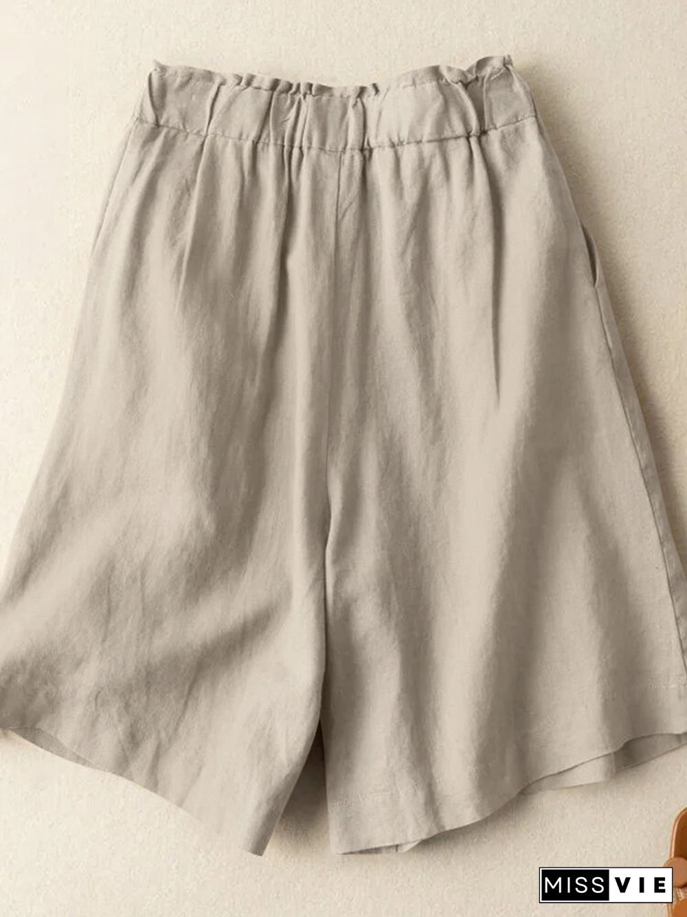 Solid Pocket Ruched Elastic Waist Casual Cotton Shorts