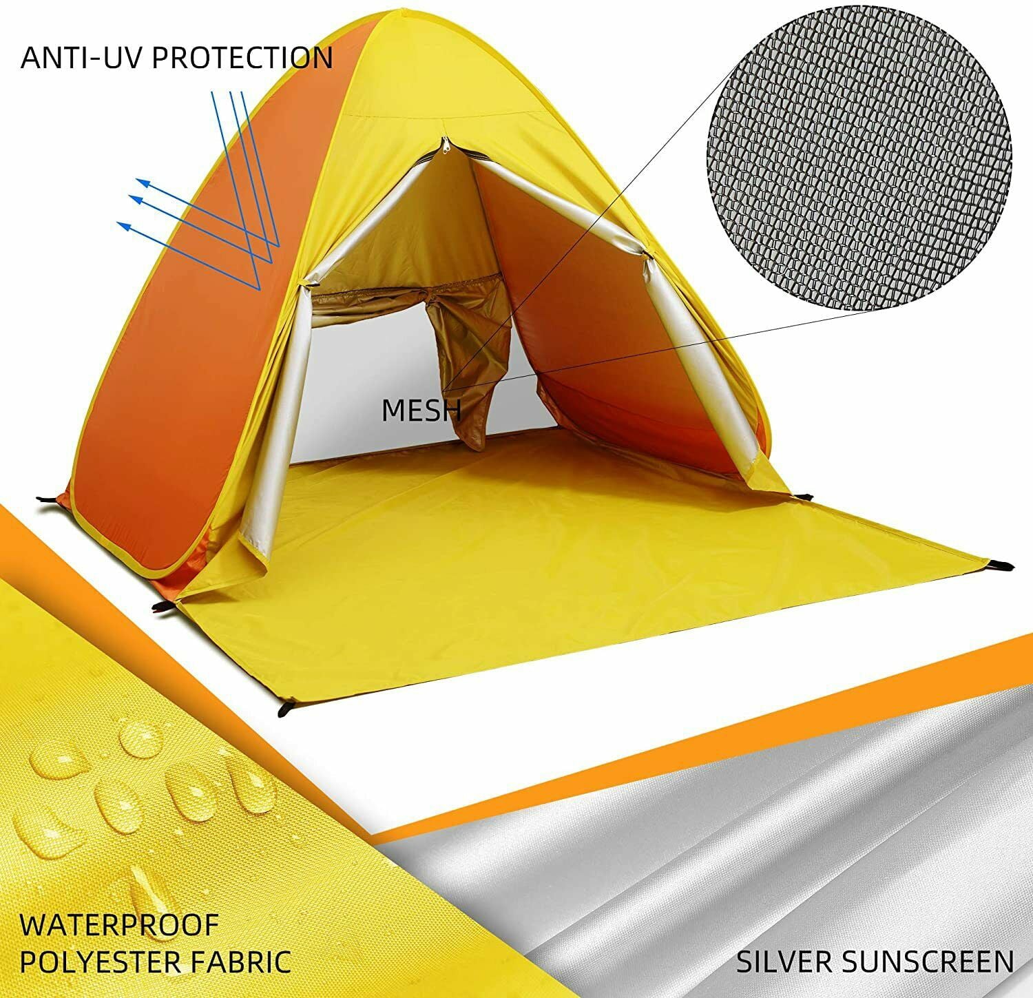 PVUEL Pop Up Beach Tent Sun Shelter， 3-5 Person Shade Triangle Portable Outdoor Camping Canopy Yellow and Orange