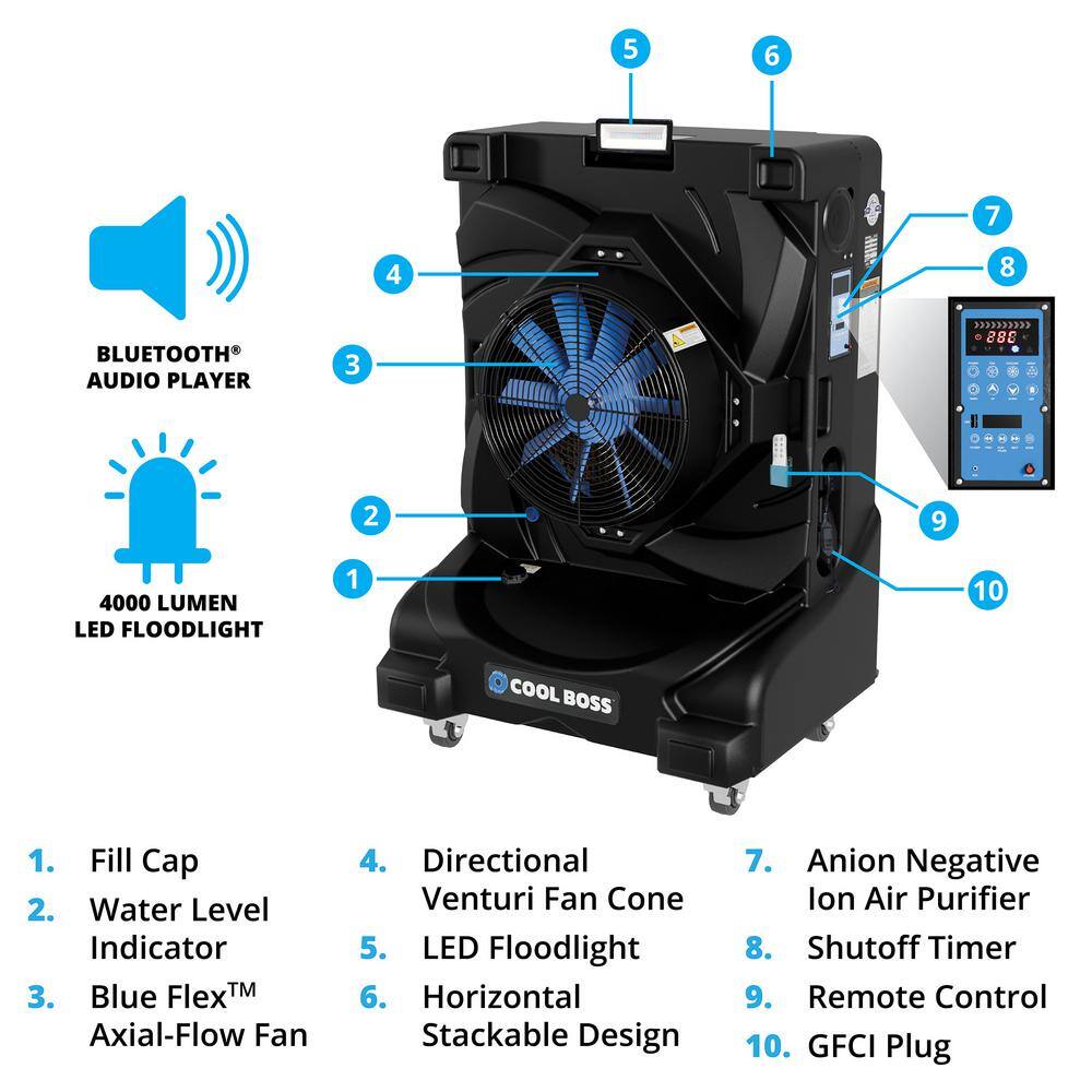 BENDPAK COOLBLAST Series 10645 CFM 10-Speed IndoorOutdoor Portable Evaporative Cooler for 2510-sq. ft. w Floodlight Speaker 5150152