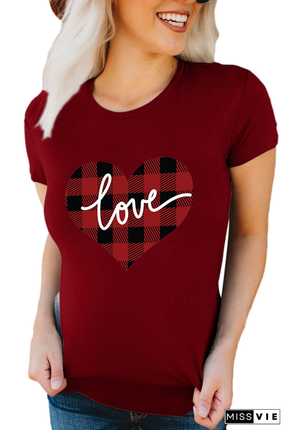 VALENTINE'S DAY Plaid Heart Graphic Tee Short Sleeve T shirts Top Wholesale