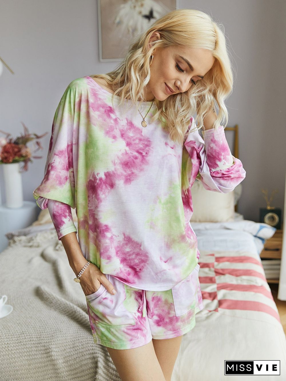 Long Sleeve Tie Dye Shorts Jumpsuit