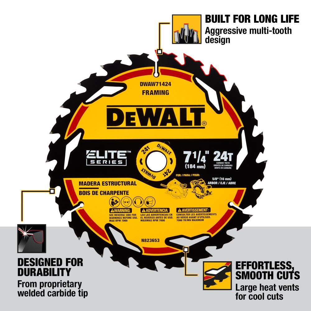 DEWALT Elite Series Circular Saw Blade 7 1/4 24T 3pk ;