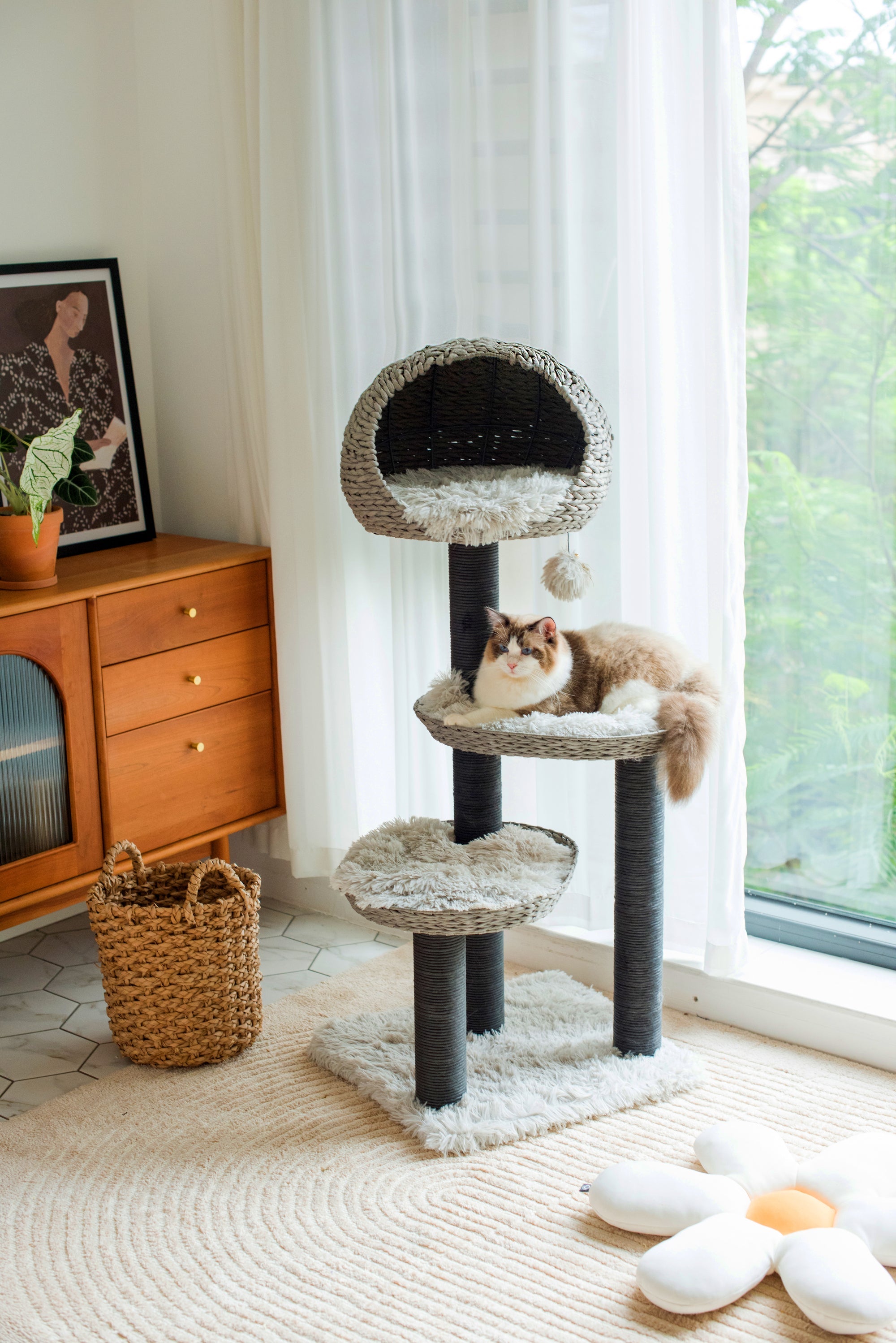 PetPals 50" Gray 4-Level Cat Tree Scratching Post Plush Perch and Basket with Shag Fur for Large Cat Climbing Cat Furniture Modern Play House Big Adult Cats w/ FREE cat teaser for Easter