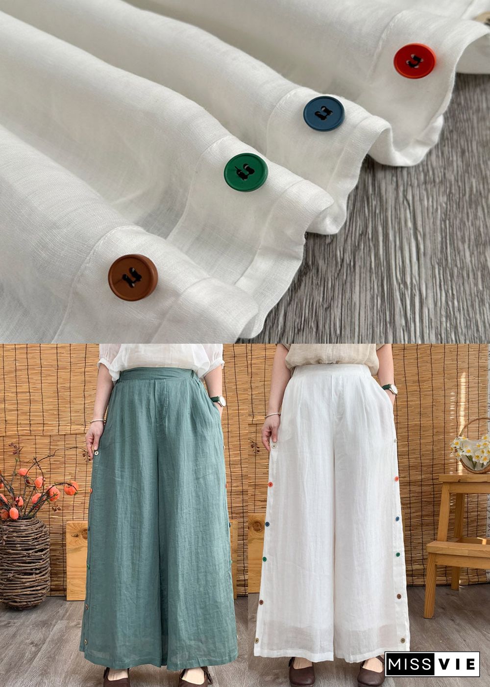 Elegant White Elastic Waist Linen Wide Leg Pants Summer