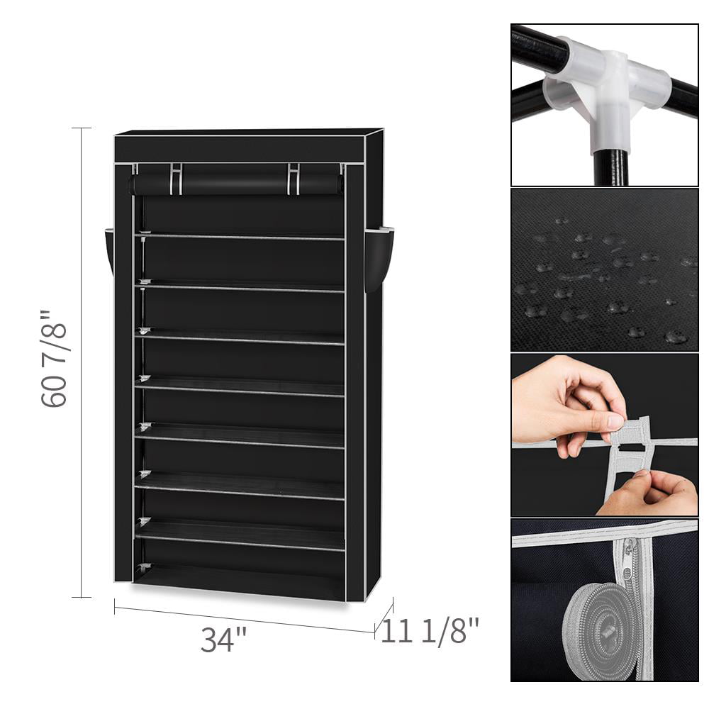 Ktaxon 10 Tiers Shoe Rack Shoe Shelf with Dustproof Cover Closet 36-45 Pairs Shoes Storage Organizer Space Saving， Black