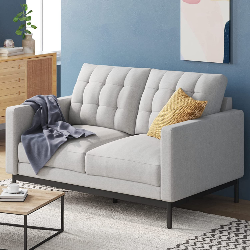 Mid Century Modern Loveseat  Cushioned Seat With Tufted Back  Light Grey   Traditional   Loveseats   by Declusia  Houzz