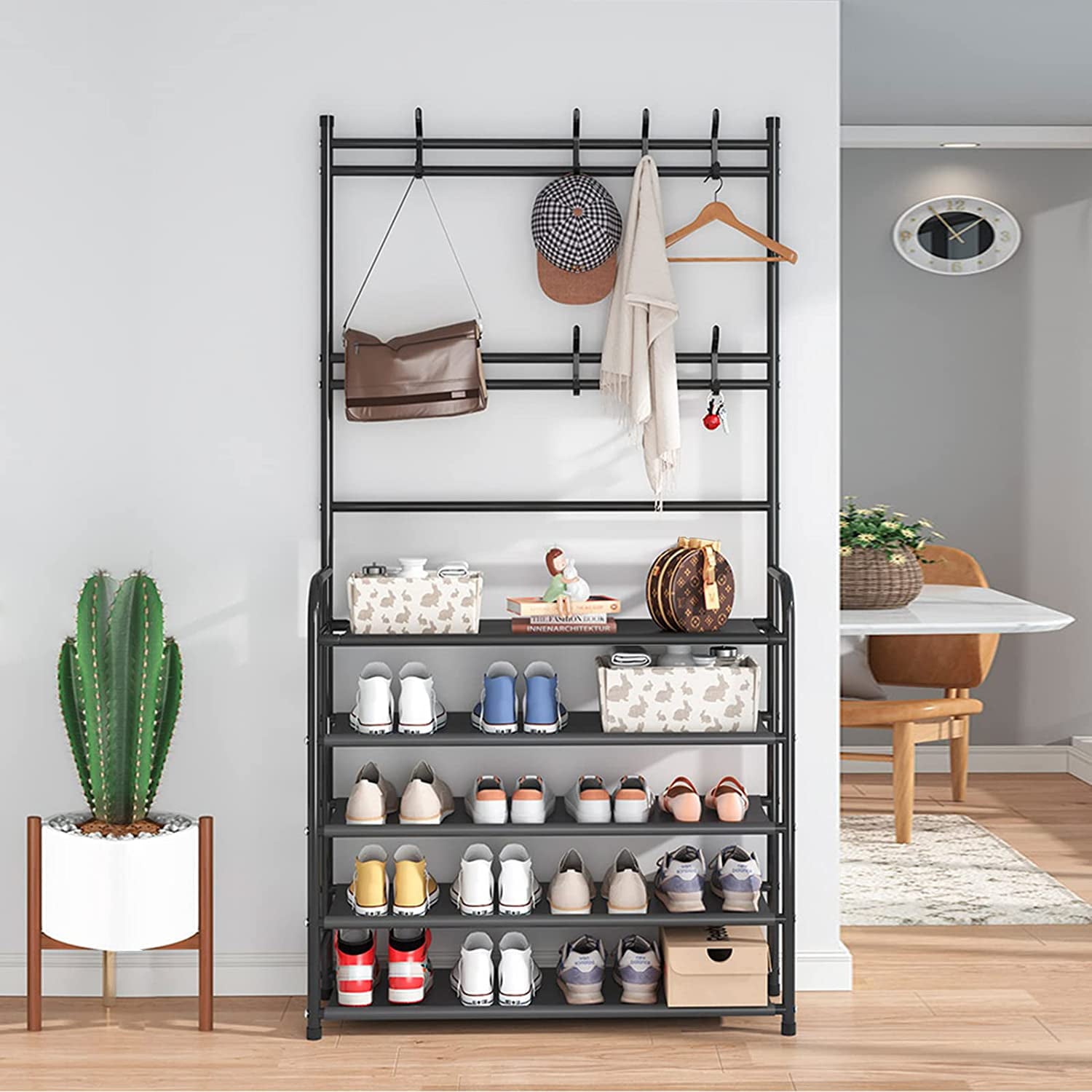 3 in 1 Entryway Coat Rack with Bench， Hall Tree Shoe Rack with 5 Shelves Storage for Organizer， 8 Hanger Hooks， Black