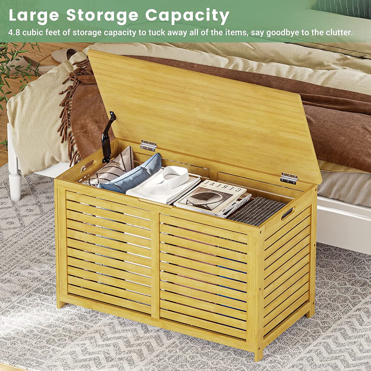 Storage Bench,Storage Ottoman,Bamboo Rectangular Footstool, Storage Bench for Bedroom, End of Bed Storage Bench, Modern Furniture