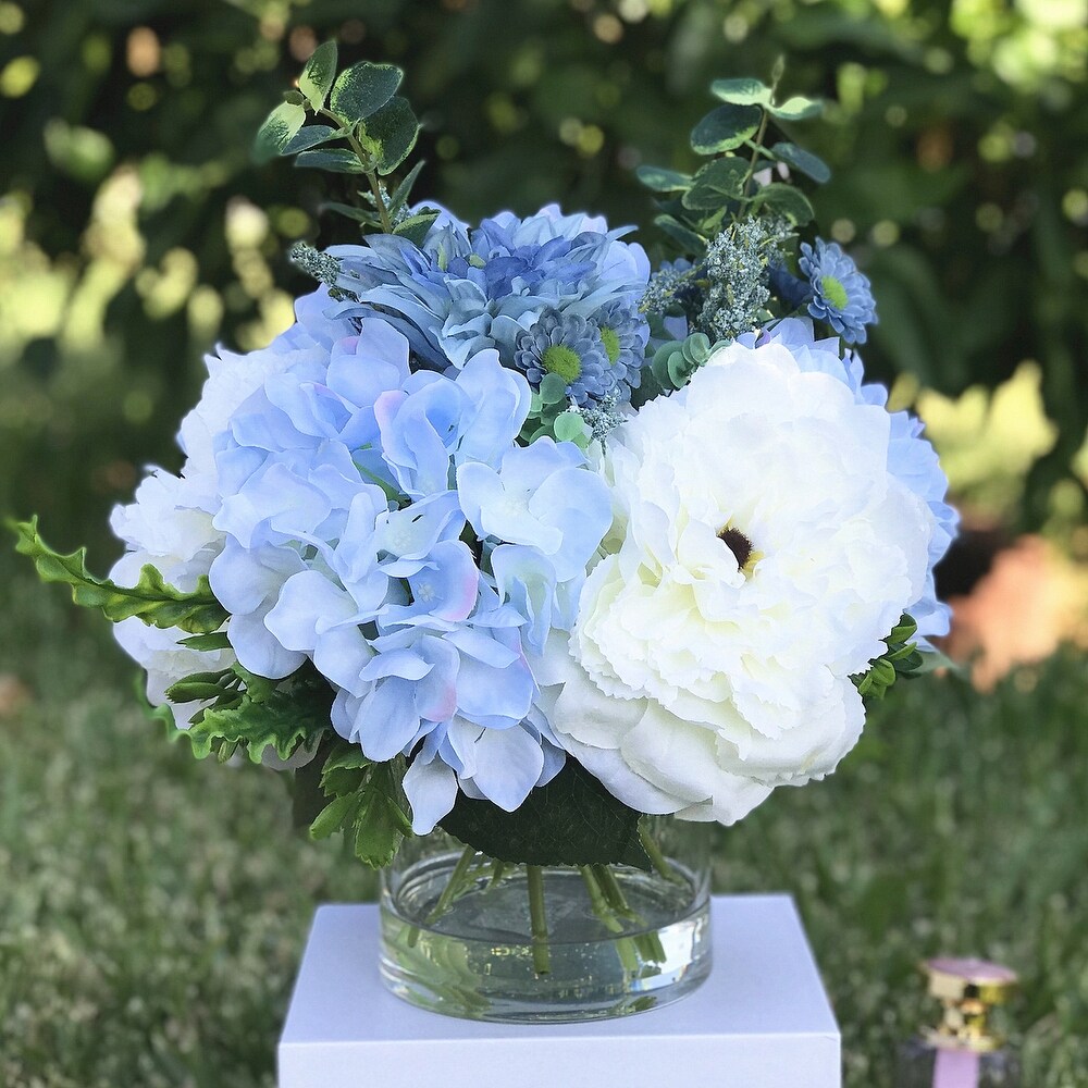 Enova Home Artificial Mixed Silk Peony and Hydrangea Fake Flowers Arrangement in Clear Glass Vase for Home Decor (Cream Blue)