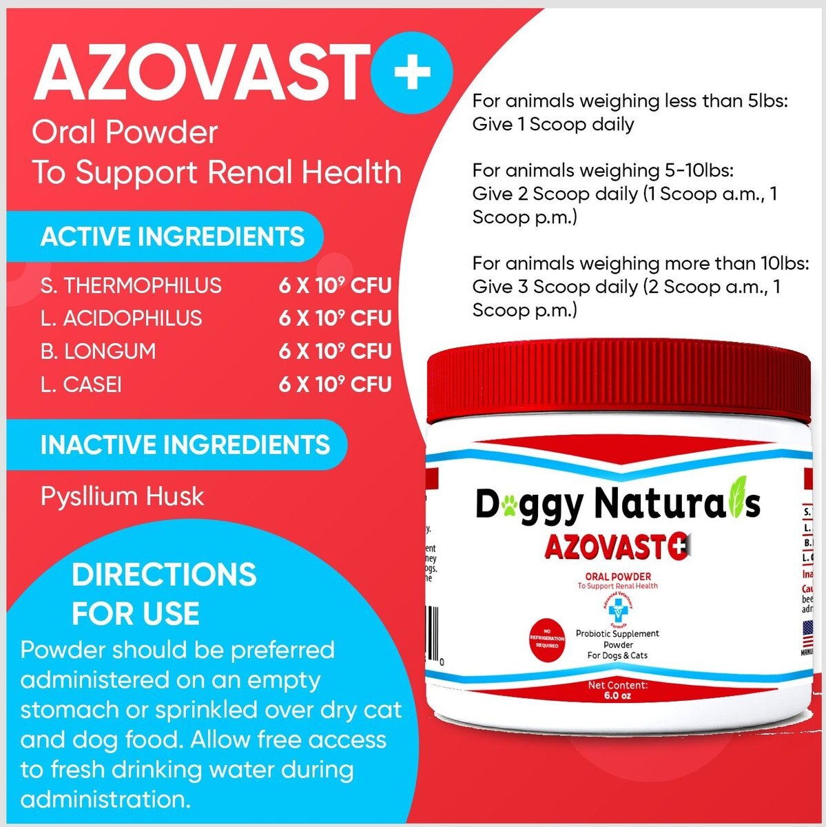 Pet Health Pharma Azovast Plus Powder Kidney Supplement for Dogs and Cats， 6-oz jar