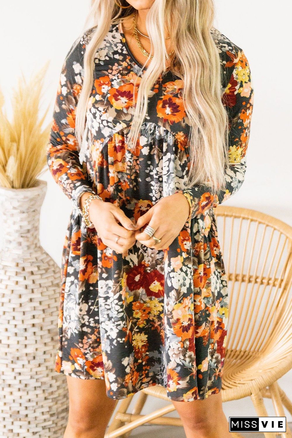 Floral Print Ruched Long Sleeve Dress