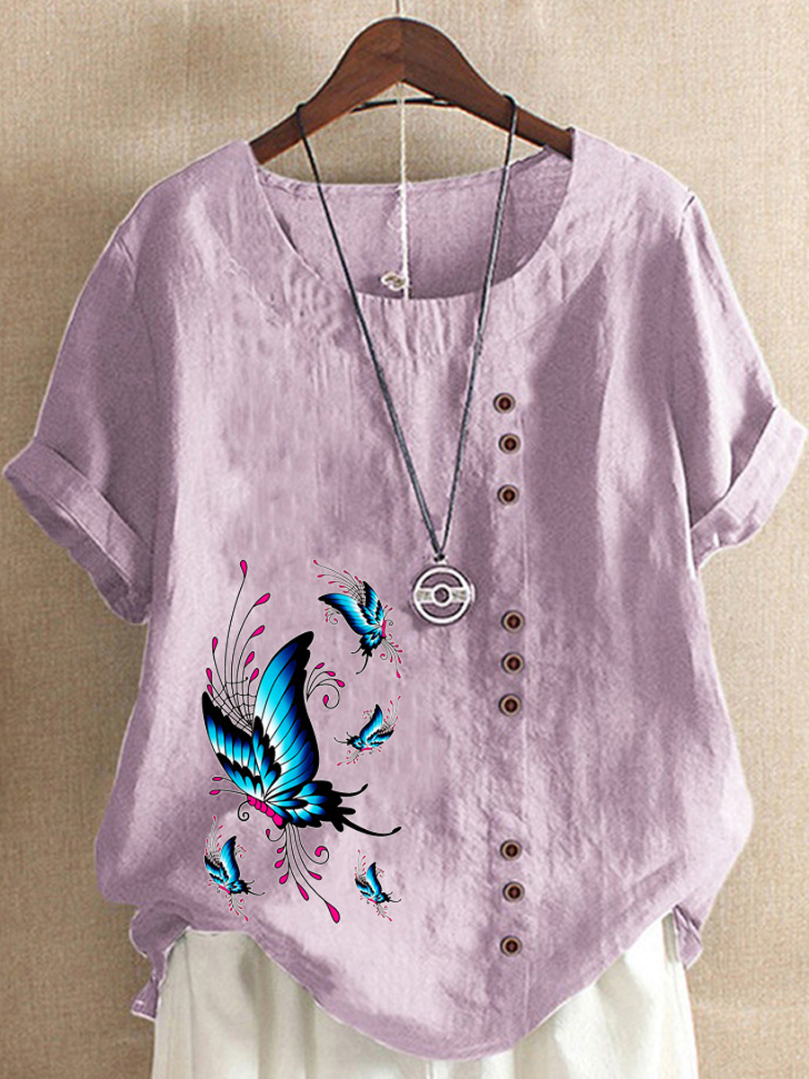 Loose Casual Butterfly Print Crew Neck Short Sleeve Blouse