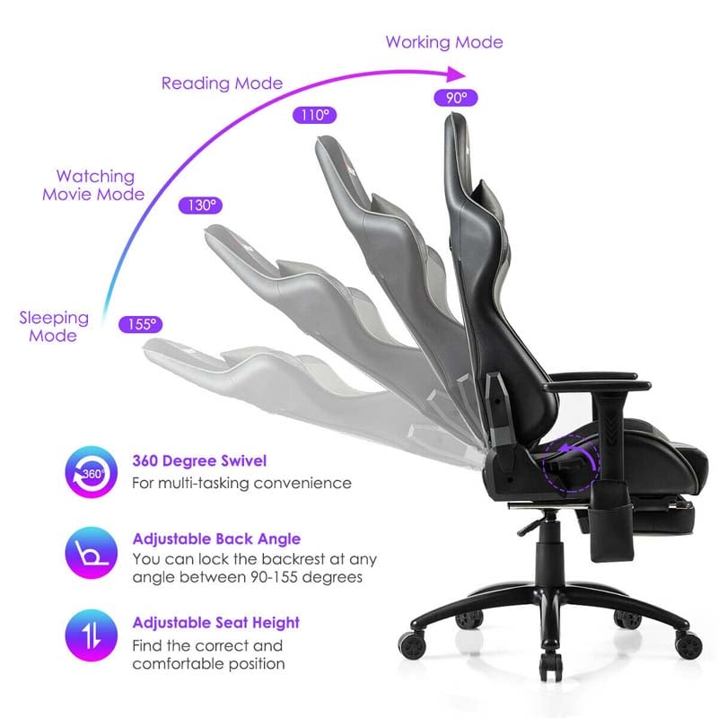 Massage Gaming Chair, Adjustable Ergonomic High-Back E-Sports Racing Chair, Swivel Office PC Chair with Footrest & Lumbar Support