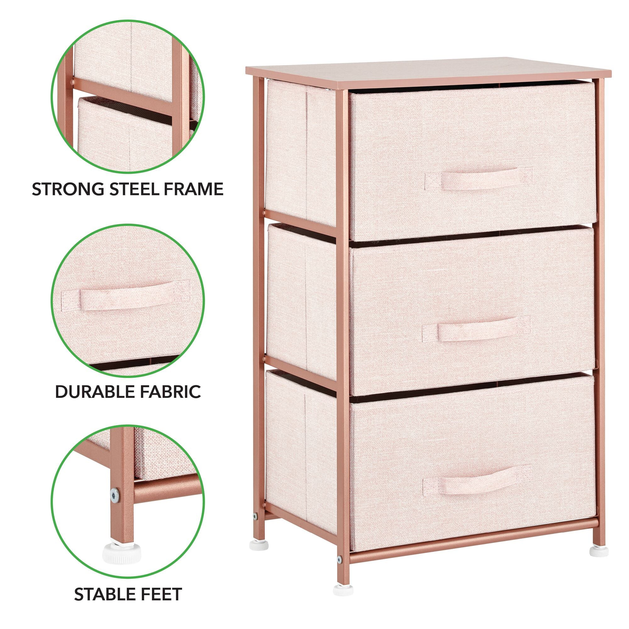 mDesign Steel Top and Frame Storage Dresser Tower Unit with 3 Removable Fabric Drawers for Bedroom, Living Room, or Bathroom - Holds Clothes, Accessories, Lido Collection - Light Pink/Rose Gold