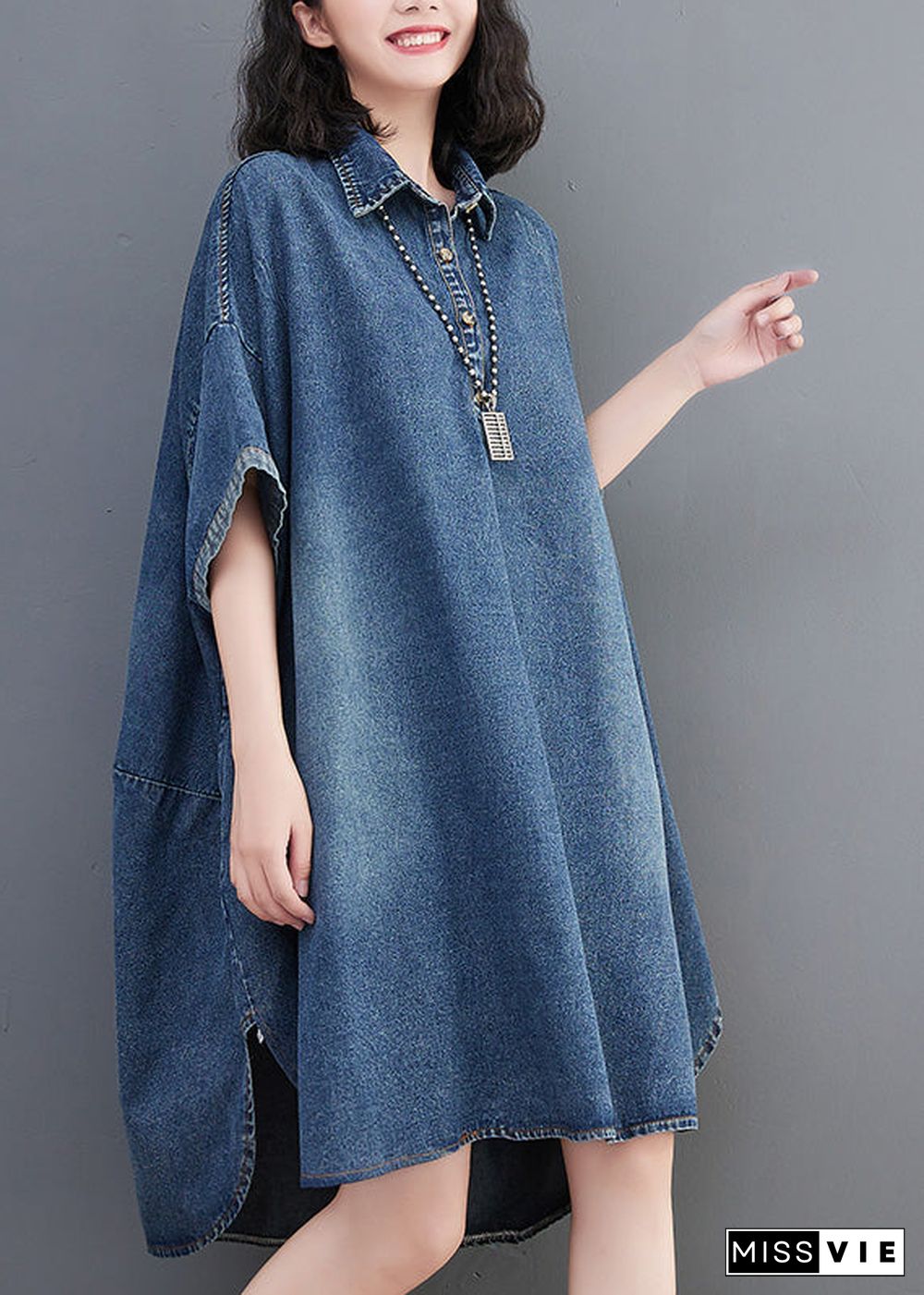 Loose Blue-little flower Button Side Open Maxi Denim Dress Summer