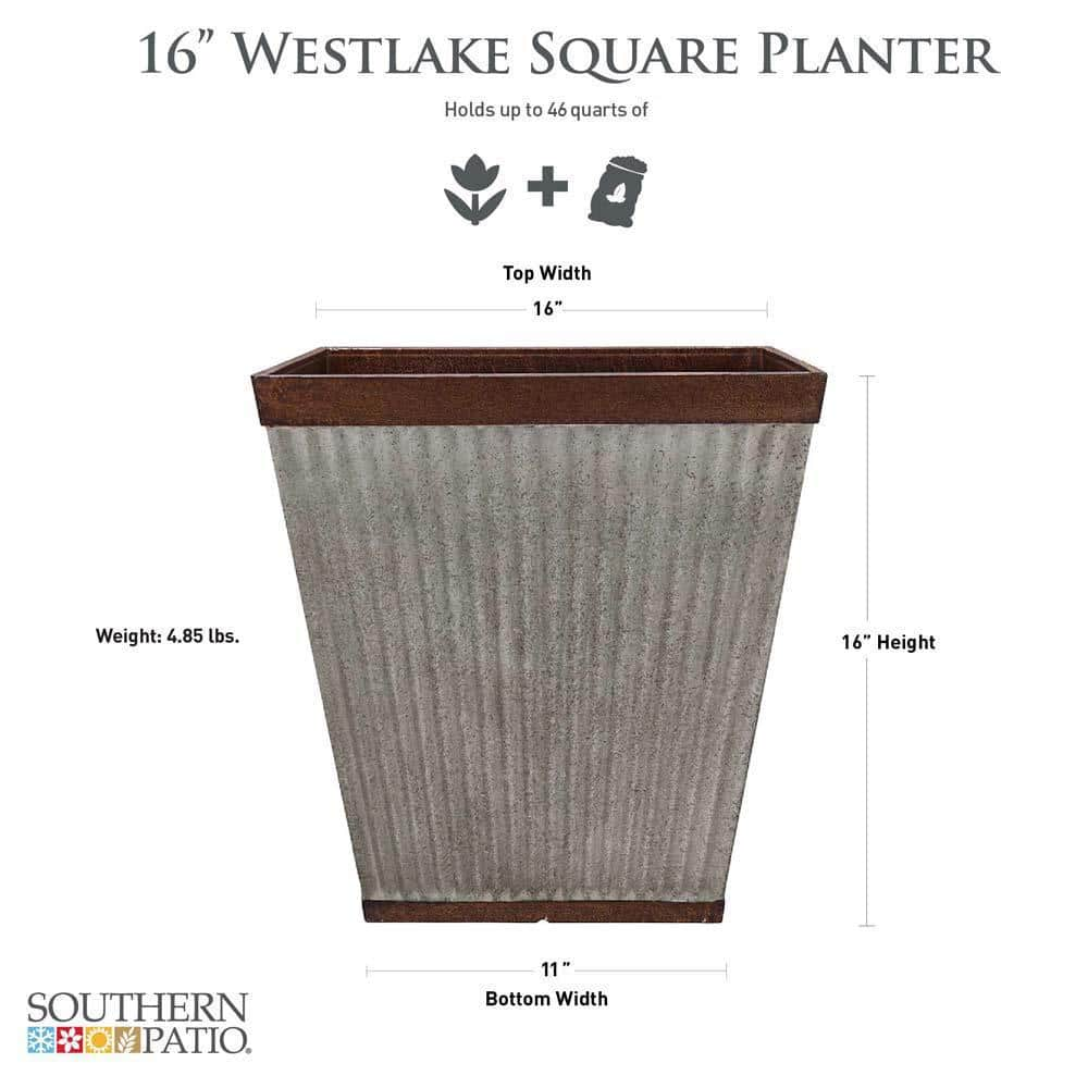 Southern Patio Westlake Large 16 in. x 16 in. 46 qt. Silver with Bronze Trim High-Density Resin Square Outdoor Planter HDR-046851