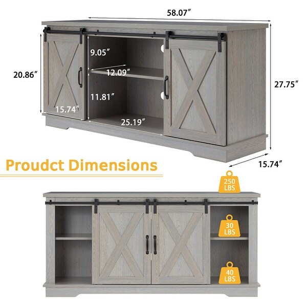 Sliding Barn Door TV Stand，Storage Wood Media Console Table Cabinet Adjustable Shelf for TVs up to 65