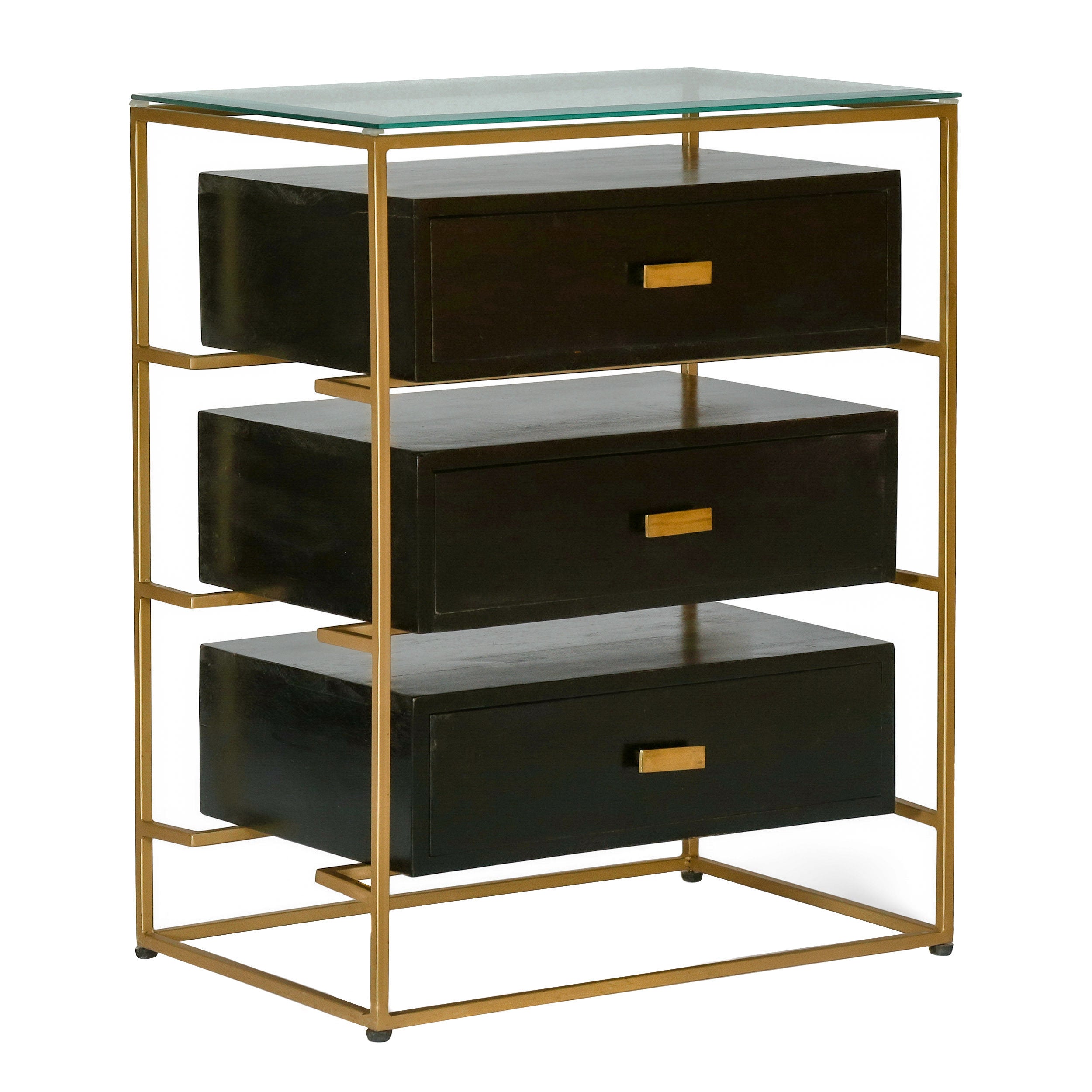 Sonne Modern Handcrafted 3 Drawer Glass Top Nightstand, Black and Brass