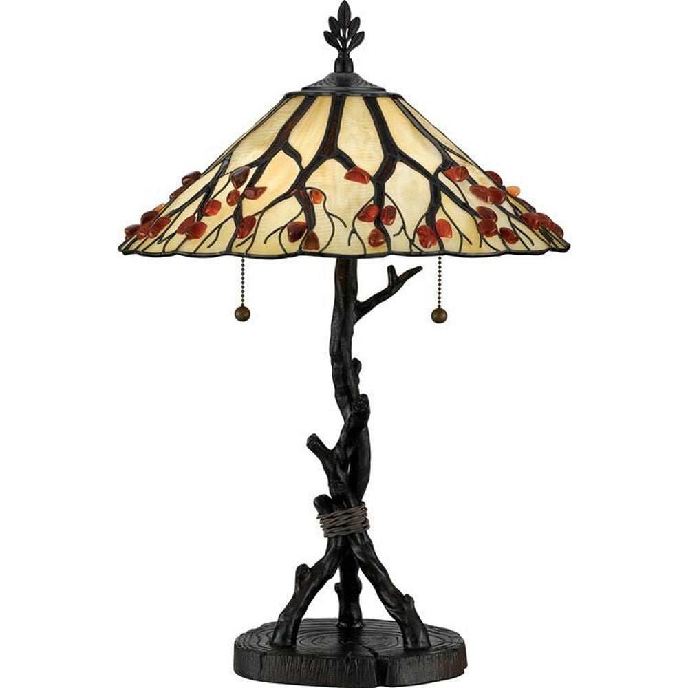 2 Light Craftsman  Table Lamp with Tree Branch Base and Organic Stained Glass Shade with Agate Stones Bailey Street Home 71-Bel-618810