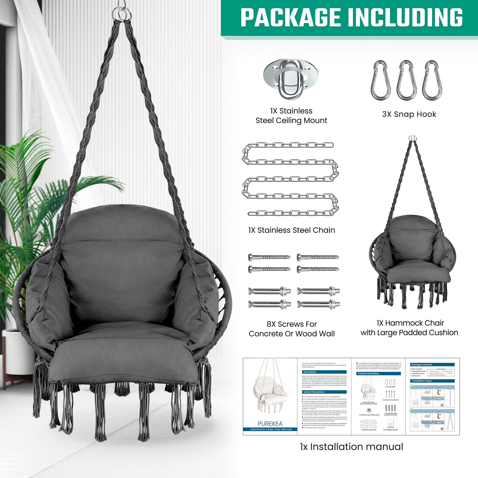 Hammock Chair, Hanging Rope Swing with 1 Cushion for Indoor or Outdoor Use, for bedroom, living room, balcony, terrace, attic, patio, yard, garden