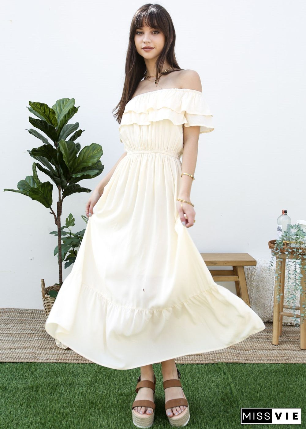 Grecian Ruffle Stretch Maxi Long Dress