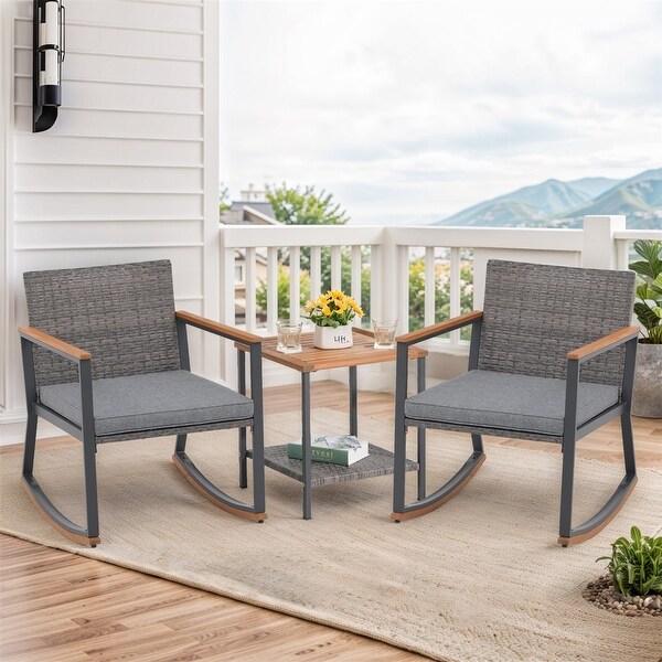 3 Pieces Rocking Wicker Bistro Set，Patio Outdoor Furniture Conversation Sets with Porch Chairs and Glass Coffee Table