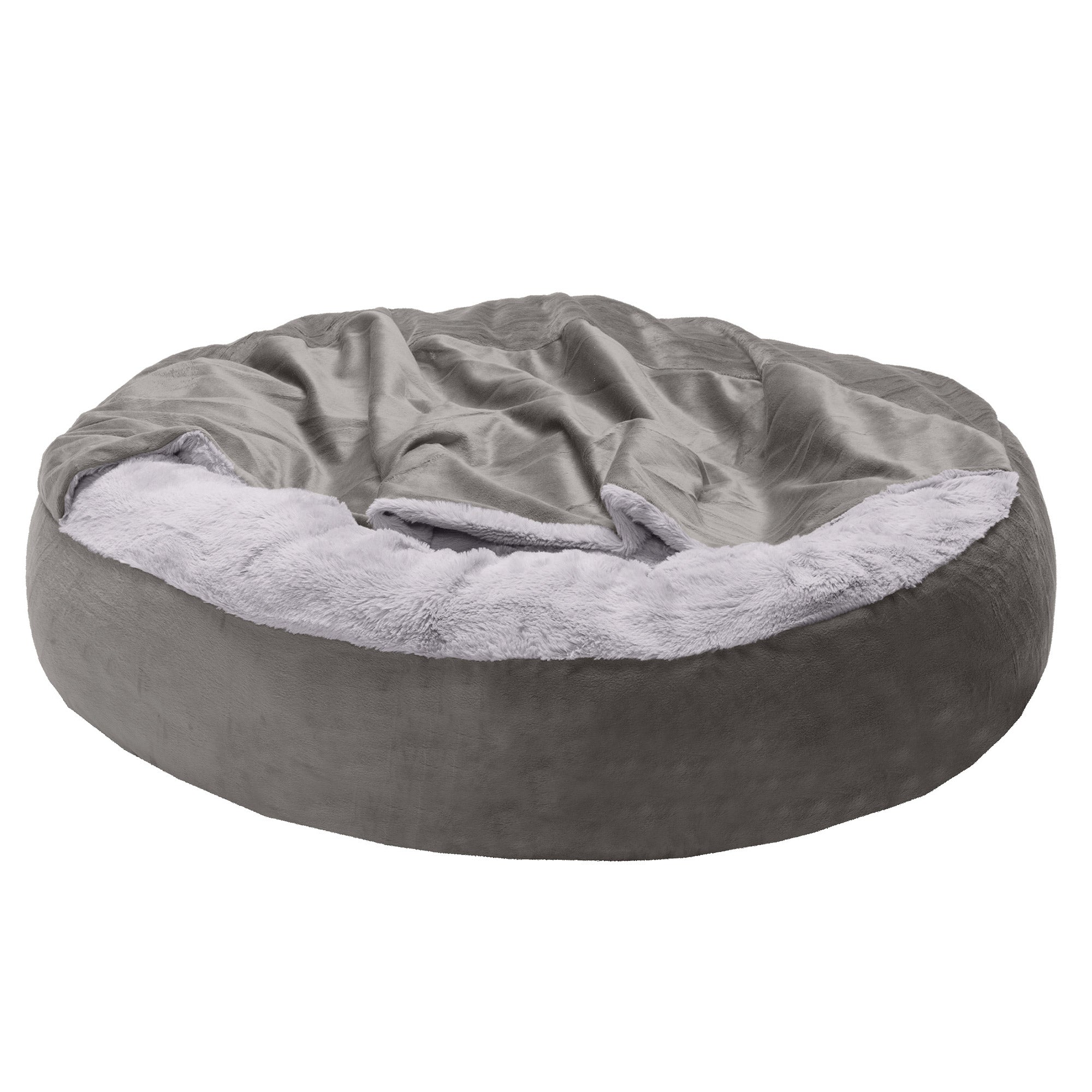 FurHaven | Wave Faux Fur & Velvet Hooded Donut Pet Bed for Dogs & Cats, Dark Gray, Medium