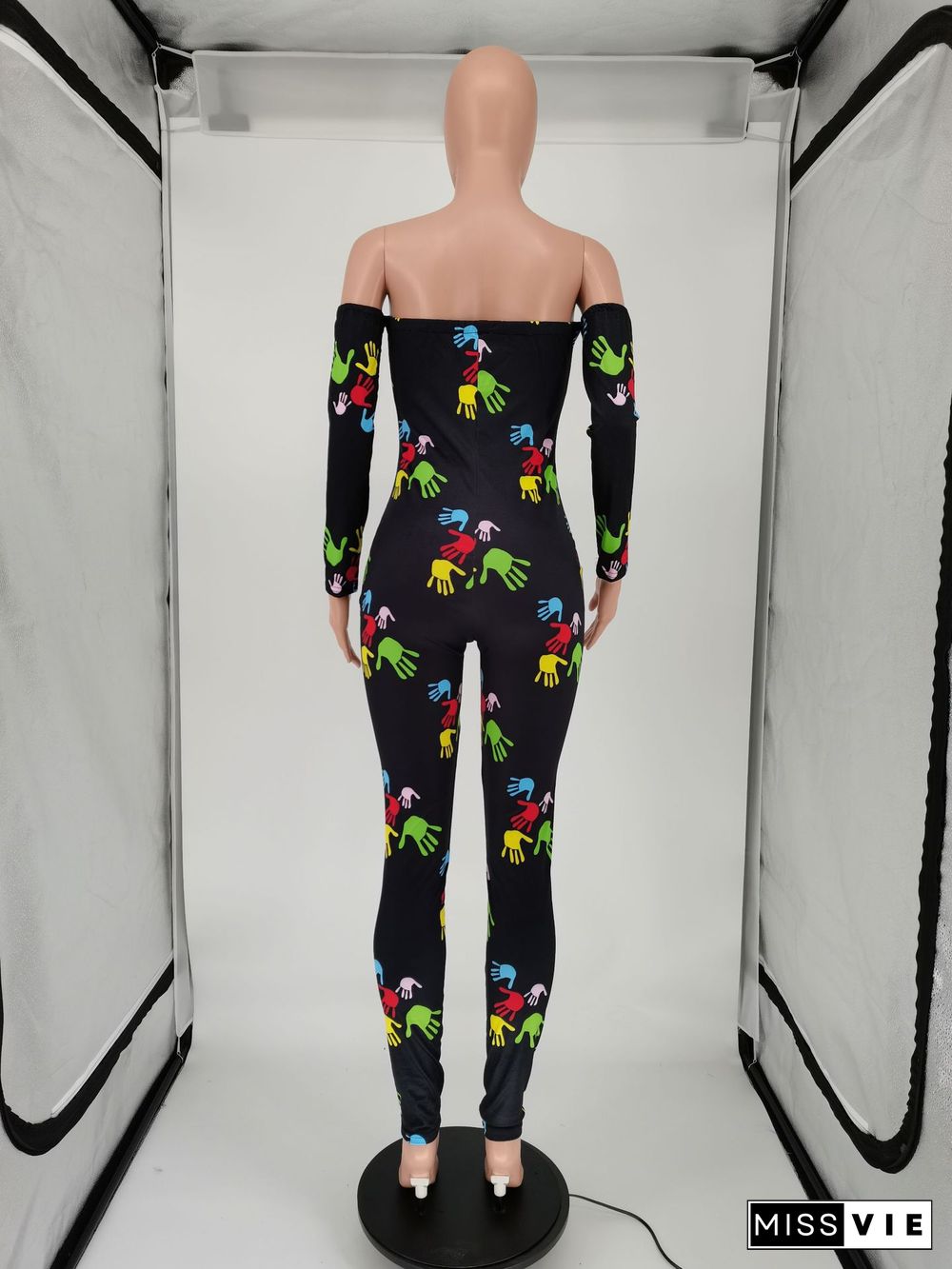 Sexy Print Off-shoulder Long Sleeve Mid-waist Bodycon Jumpsuit