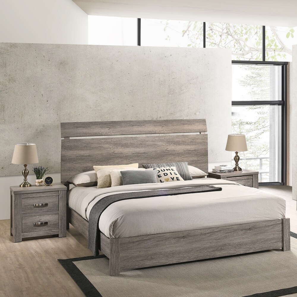 Roundhill Furniture Floren Contemporary Weathered Gray Wood 3 Piece Bedroom Set  Panel Bed with 2 Nightstands