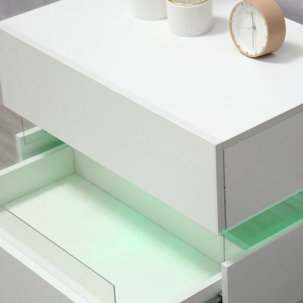 Oukaning White Bedside End Table Nightstand 2 Drawers w/ Multi-Colour LED Backlight