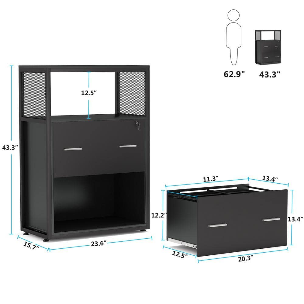 BYBLIGHT Black File Cabinet with Lockable File Drawers and Open Storage Shelf BB-C0341FF