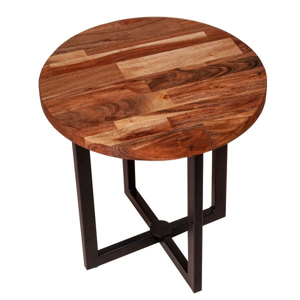 Peter 18 Inch Round End Side Table， Solid Acacia Wood Tabletop， Steel Frame， Brown， Black