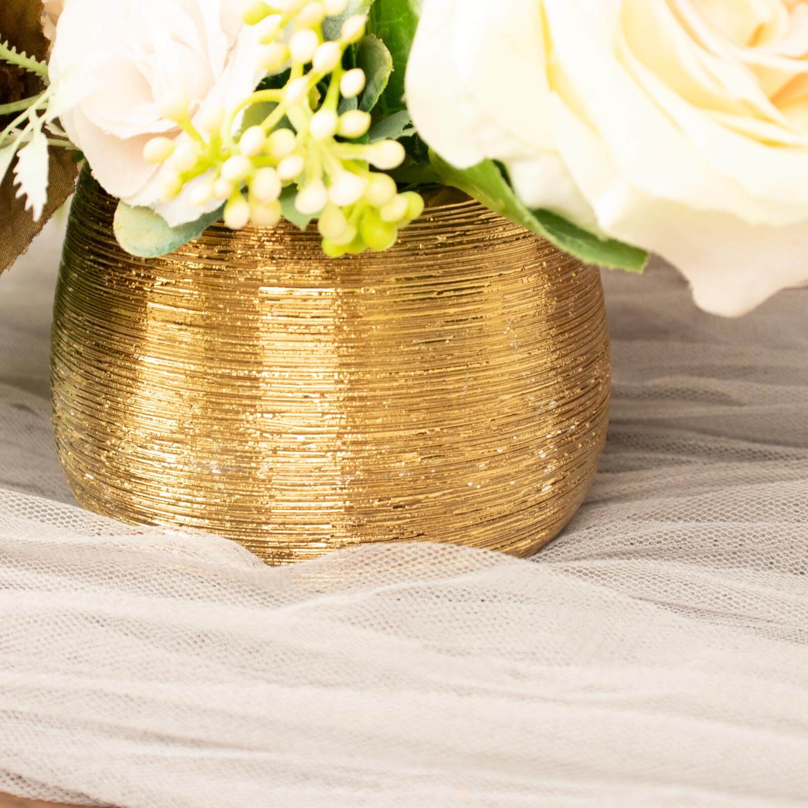 4 Pack Gold Textured Ceramic Flower Vase Pots, Round Brushed Indoor Planters 3